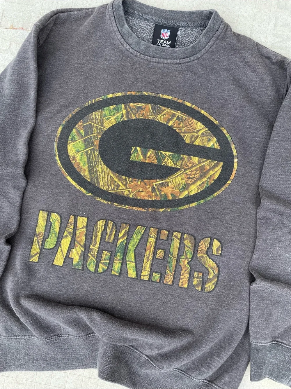 NFL Gray Crewneck Sweatshirt with Green Camo Packers Logo